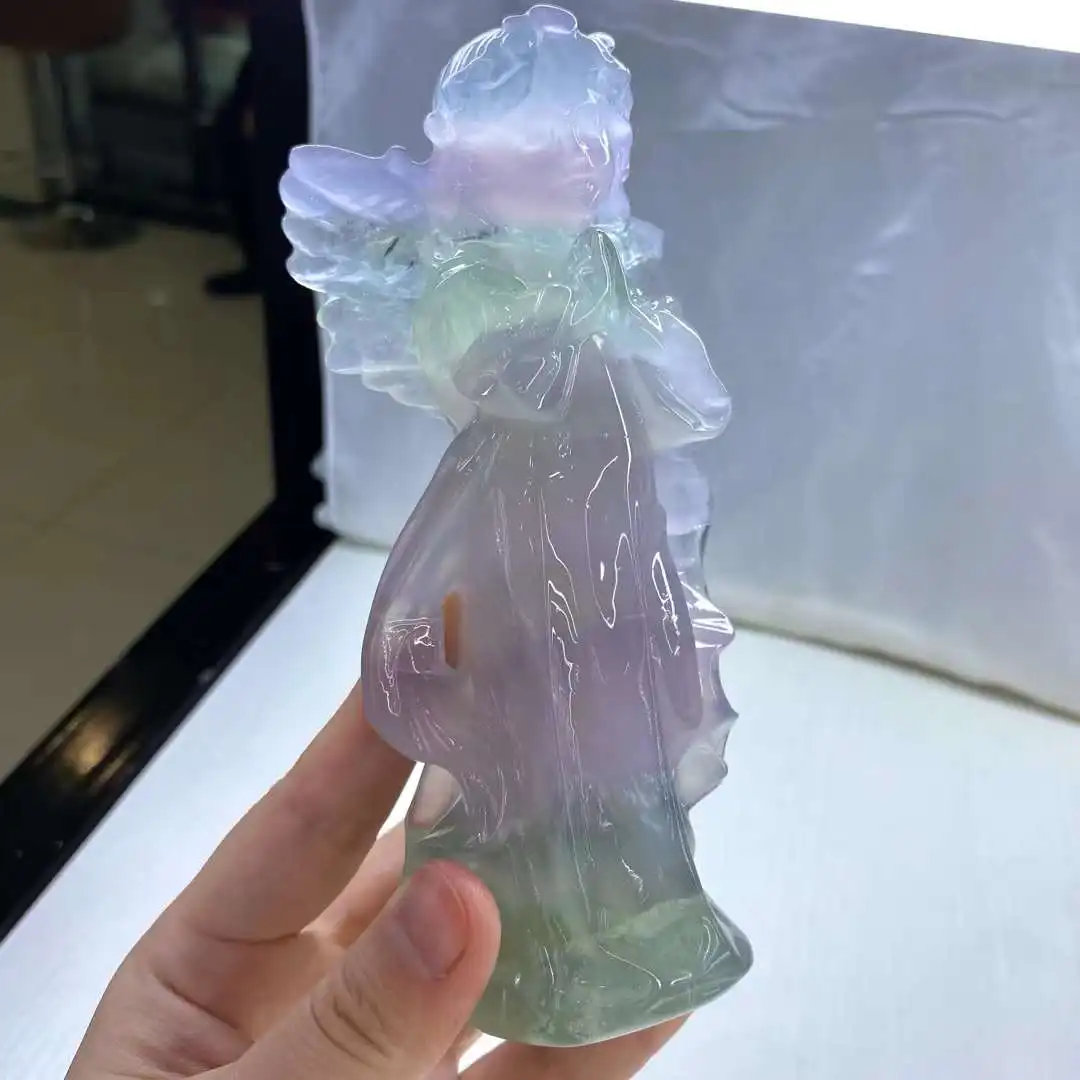 8cm 15cm Macaron Colorful Fluorite Crystals Quartz Carved Angel Figures Original Natural Stones Healing Mineral Girl Gifts 2024