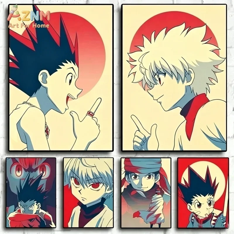 AZNM Hunter X Hunter Gon Killua Anime Leinwanddruck Retro-Stil Wandkunst Poster Wohnzimmer Schlafzimmer Deko Leinwanddruck Gi