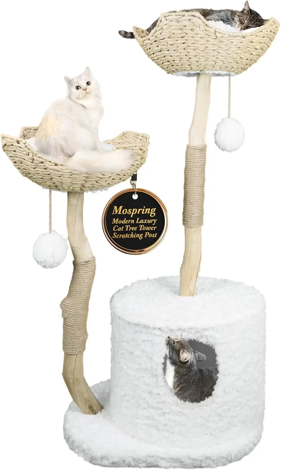 Cat-Tree Tower  Modern Cat Furniture  Real Wood Branch Scratching Post  Large Cat Condo  Multi-Cat Perch  White  46”