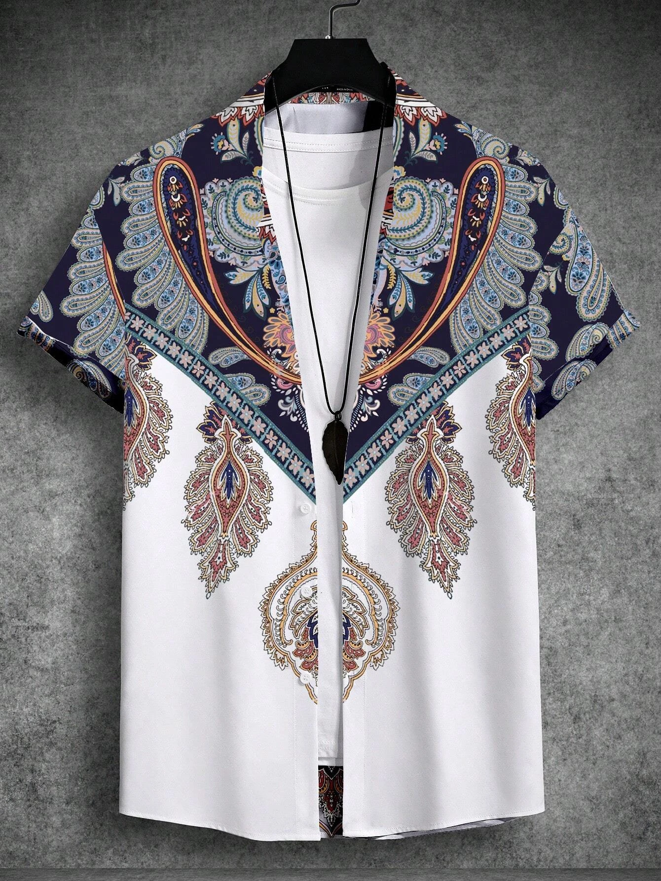 2024 Summer Men's Short Sleeve Shirt with Paisley Print Button Up Men's Resort Hawaiian 3D Printed Shirt Button Up Shirts