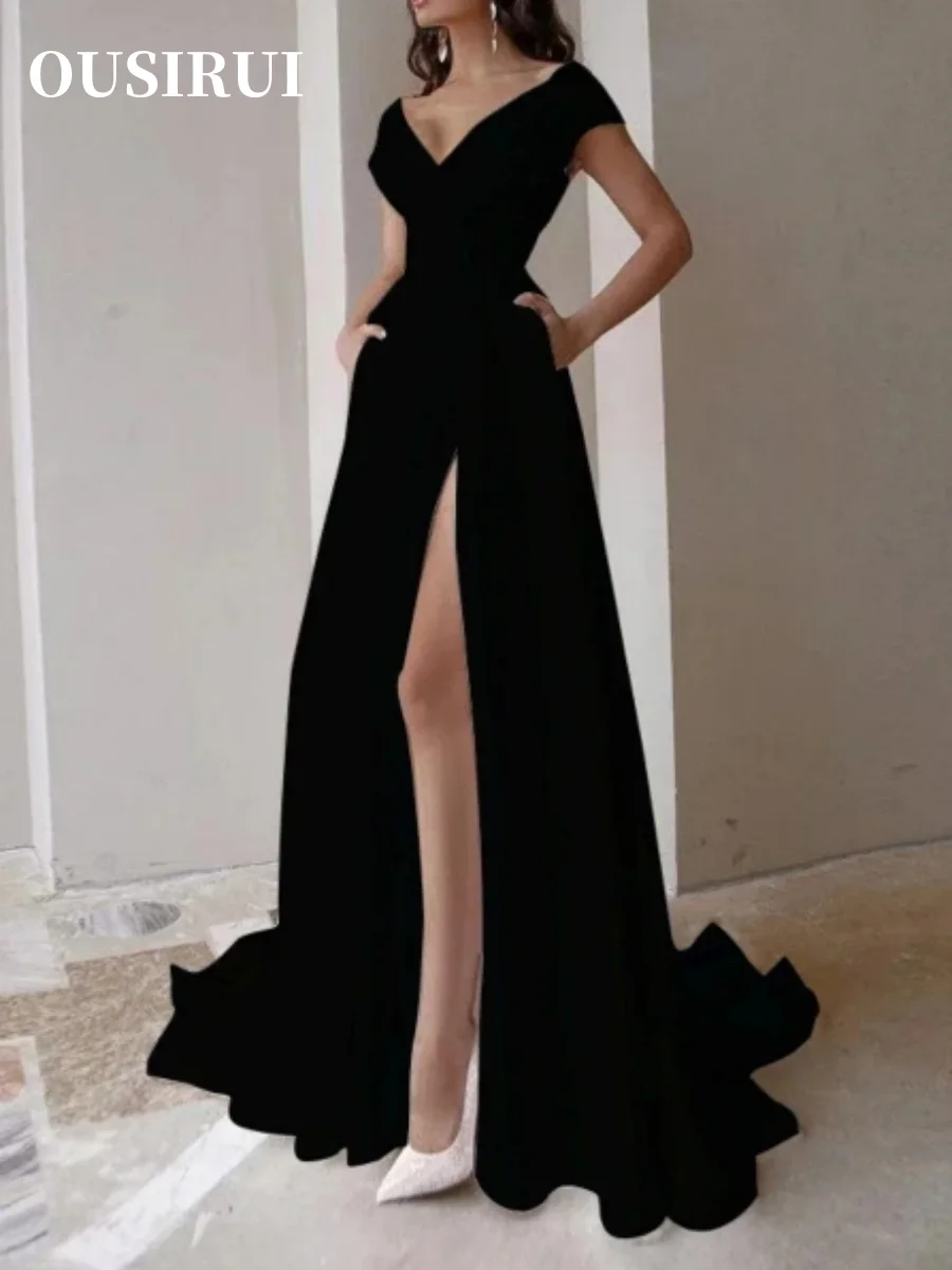 High Waist Slit Sleeveless Elegant Party Dresses 2024 Sexy Irregular Solid V-neck Ruffled Long Evening Dress Graduation Dresses