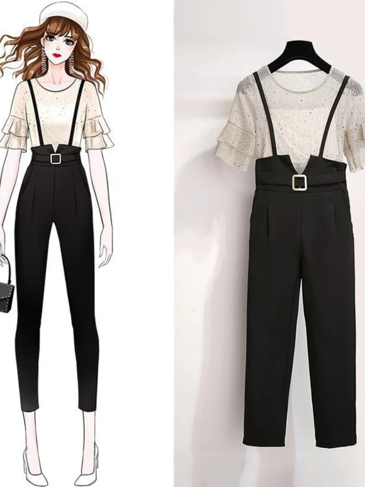 

Женский летний модный комбинезон с нагрудником, комплект из двух предметов, костюм из полиэфирного волокна, круглые длинные брюки Ne