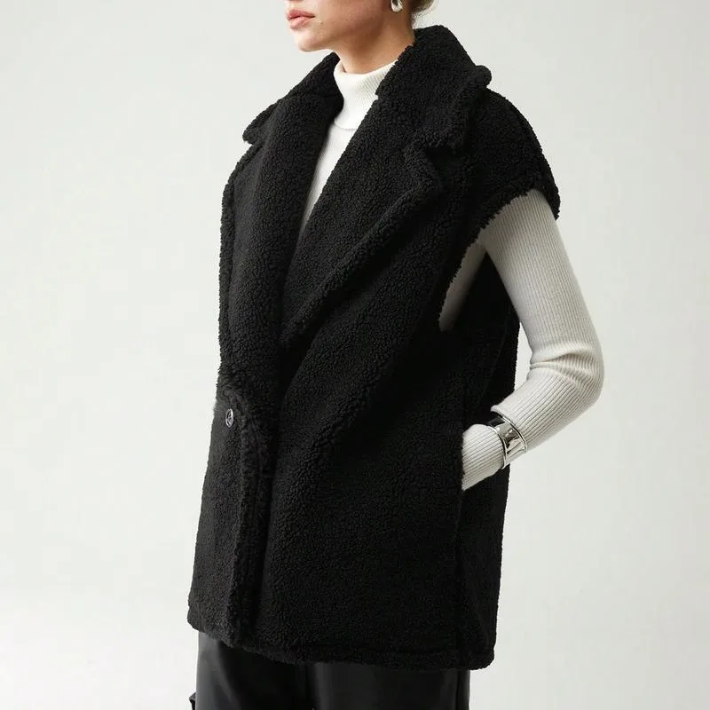 Gilet da donna con orsacchiotto in montone finto Cappotto lungo senza maniche kaki oversize Autunno Inverno Gilet soffice in pelliccia sintetica Capispalla