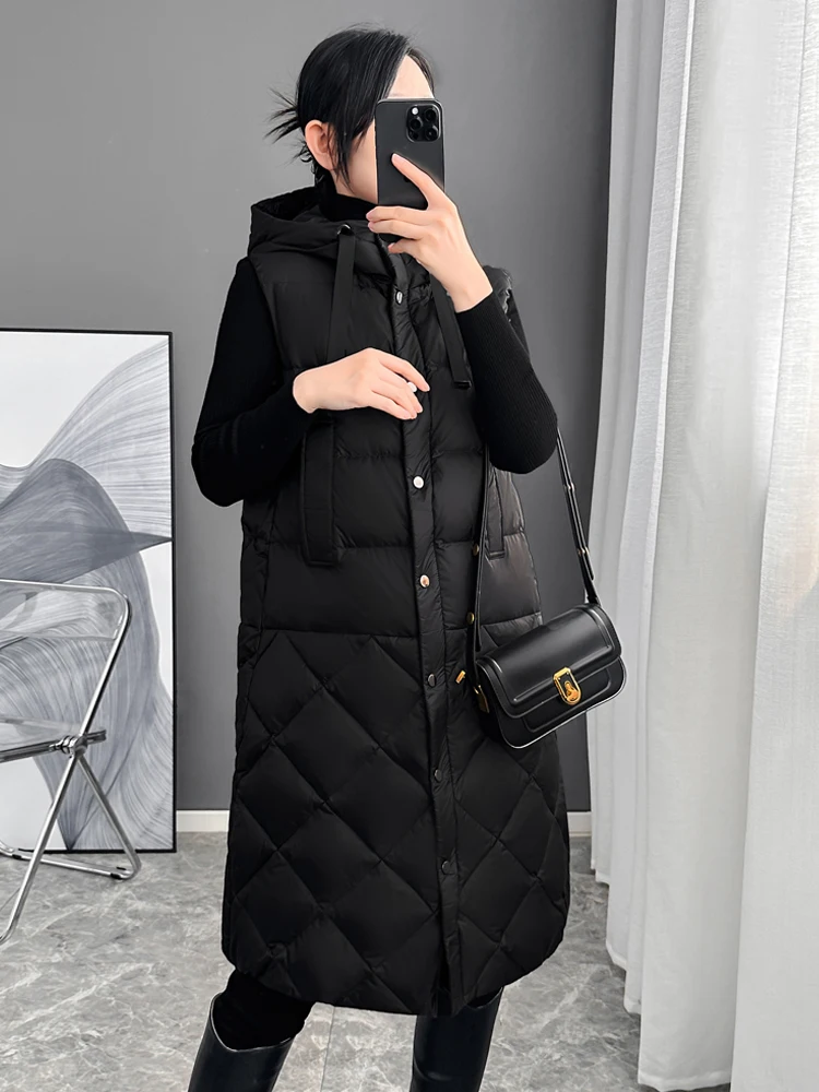 Luxury Women\'s Long down jacket Sleeveless vest Warm 2024 Fall winter Fashion Quilted Hooded puffer coat clothing INKEO 3O313