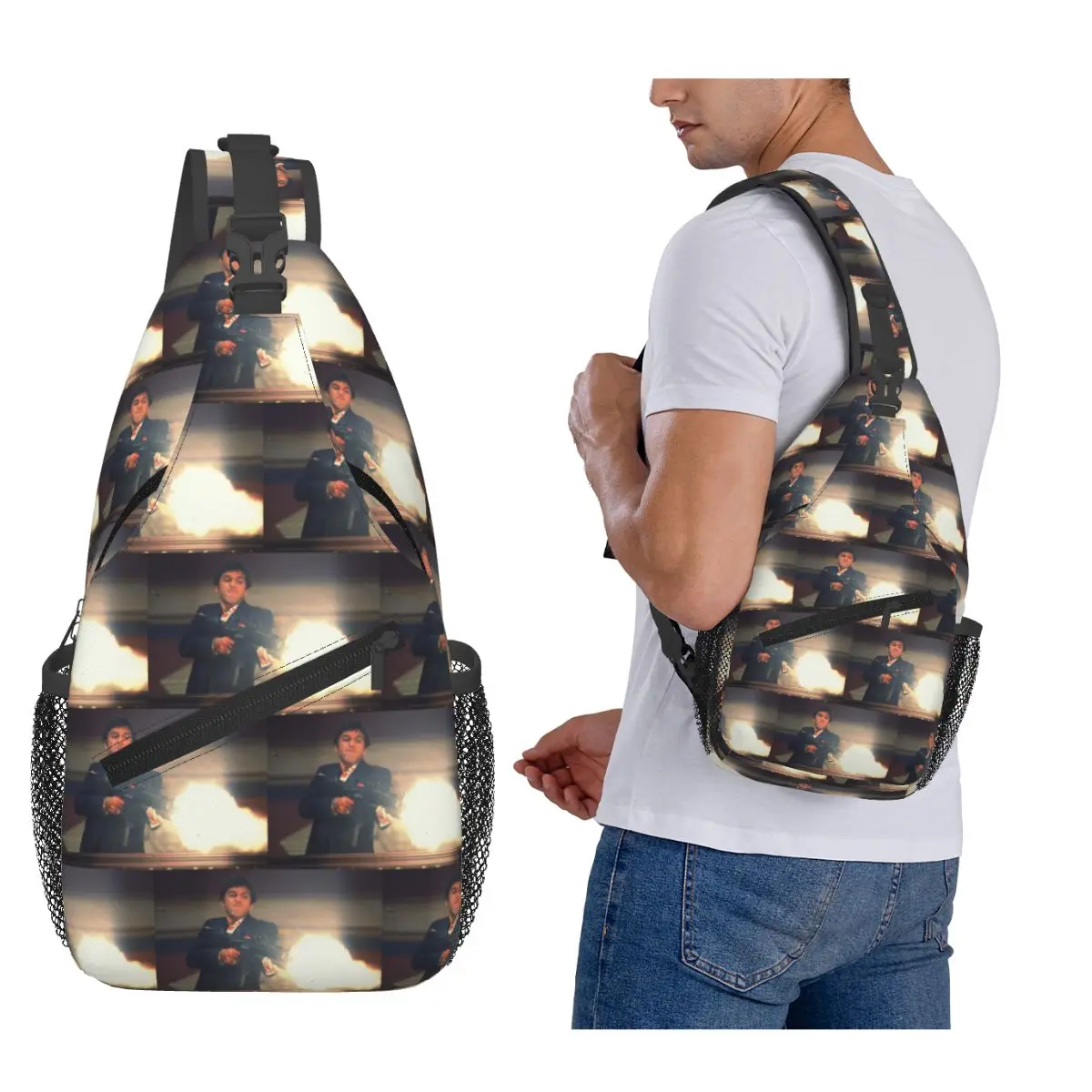 

Scarface Tony Montana Shooting Chest Bag Men Sling Crossbody Backpack Chest Bag Travel Hiking Daypack Shoulder Bag