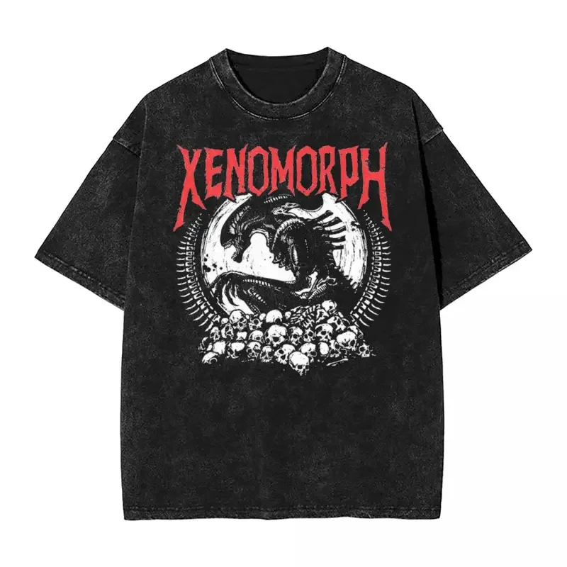 Death Metal Xenomorph Alien Movie Washed T Shirts Streetwear Hip Hop T-Shirt Tees Men Women 100% Cotton Oversize Printed