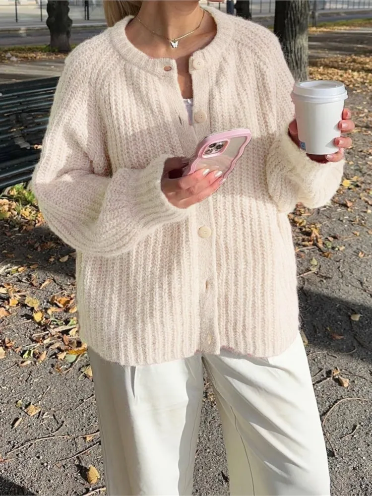 

Woman's Solid Color Single-row Buckle Sweater Fashion O-neck Long Sleeve Cardigan Knitting Coat Autumn Winter Lady Warm Sweaters