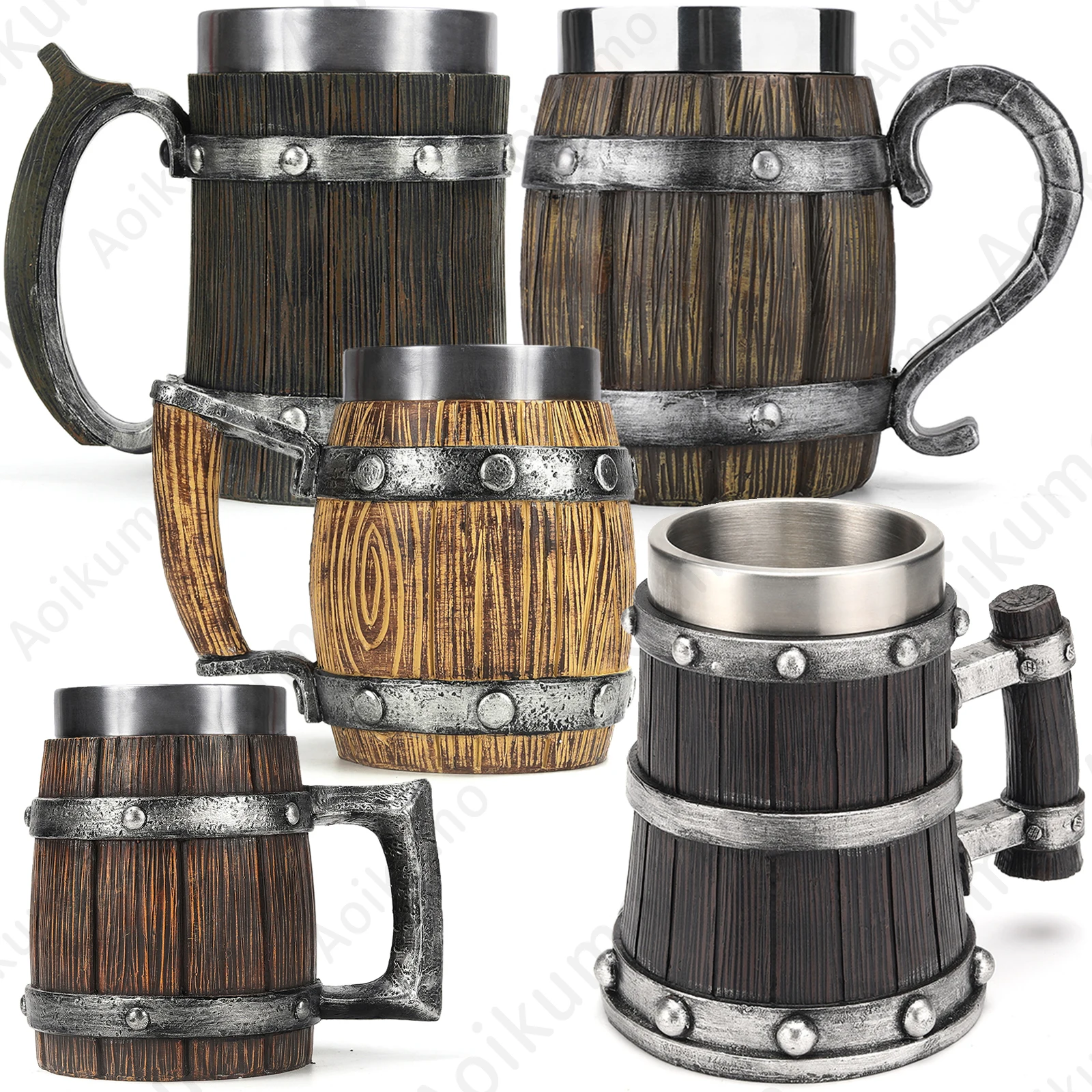 New Viking Wood Grain Beer Mug 304 Stainless Steel Medieval Tavern Wood Imitation Barrel Tankard Beer Mug Coffee Cup Men Gift