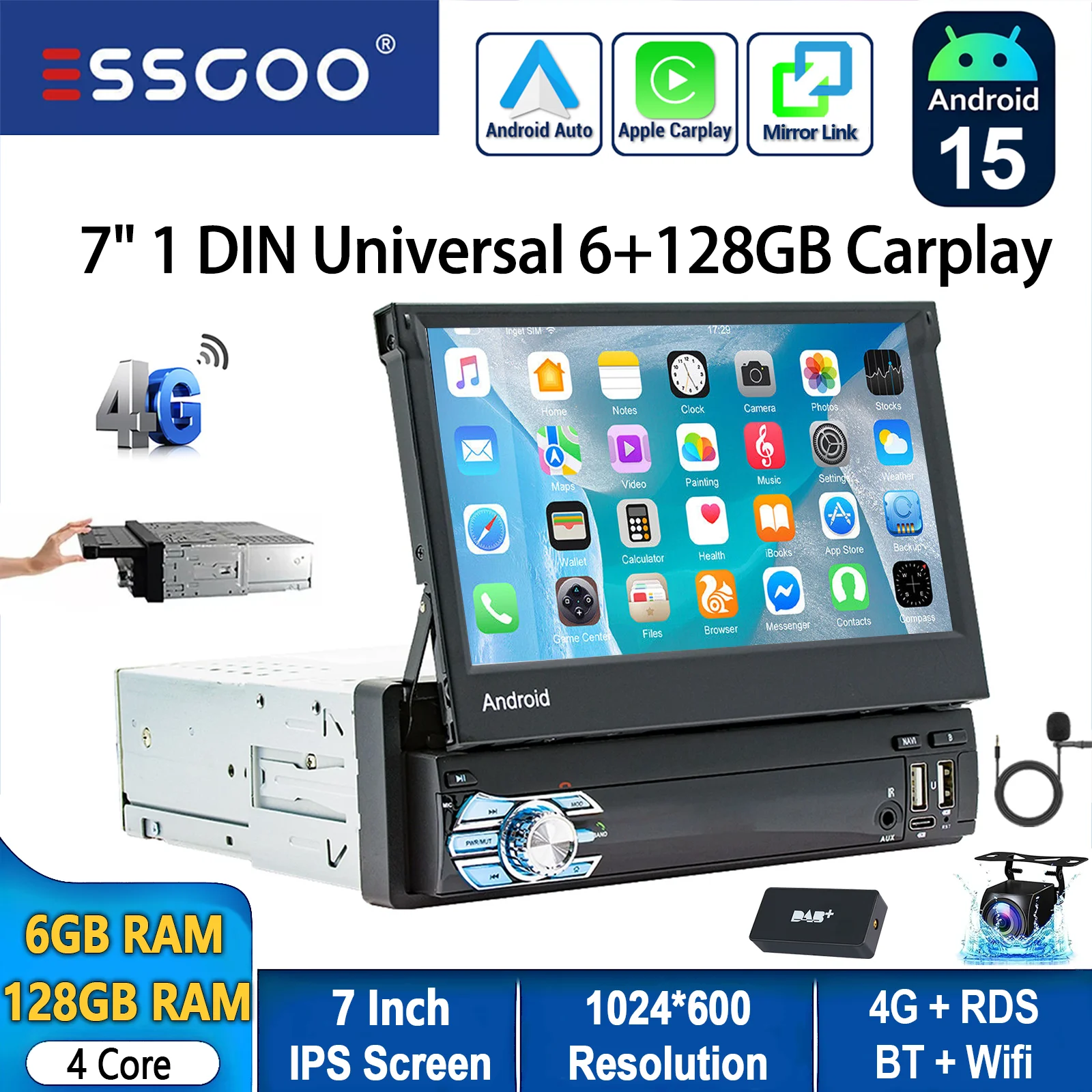 Autoradio ESSGOO Android 15 7 Inch 6+128G 1 DIN 8 Kern Uitklapbaar Touchscreen Draadloze CarPlay Android Auto GPS Navigatie WIFI RDS Bluetooth Stuurwielbediening 4G FM USB Type-C AUX