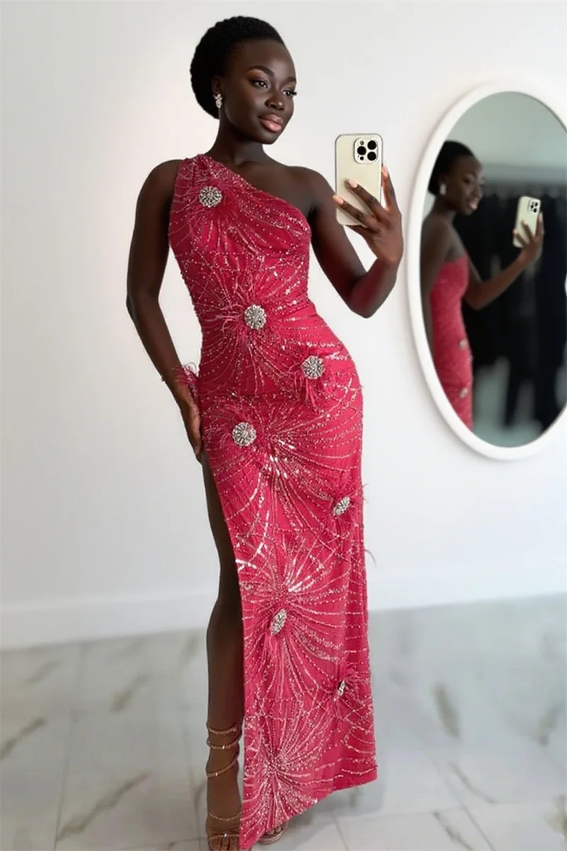 

Luxury Rose Pink Women Prom Dress Luxury Feather Crystals Sexy One Shoulder Sleeveless Long Party Gown Formal Birthday Robe