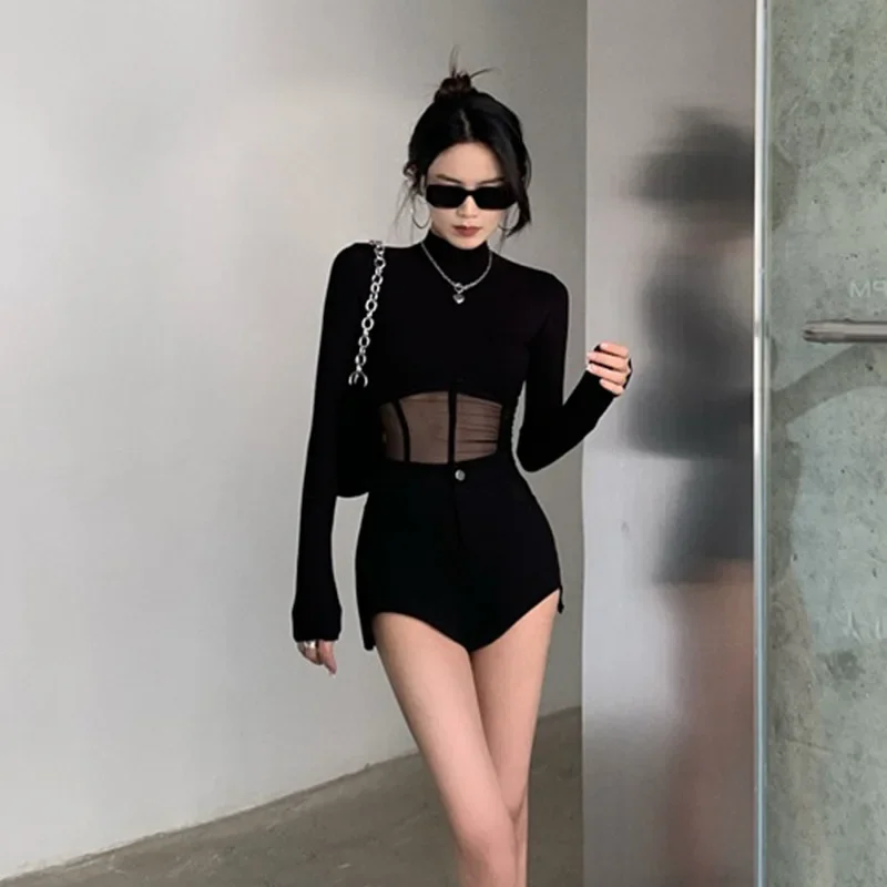 Spring and Autumn tight short pure desire wind blouse mesh splicing long-sleeved t-shirt bottoming shirt female inside out