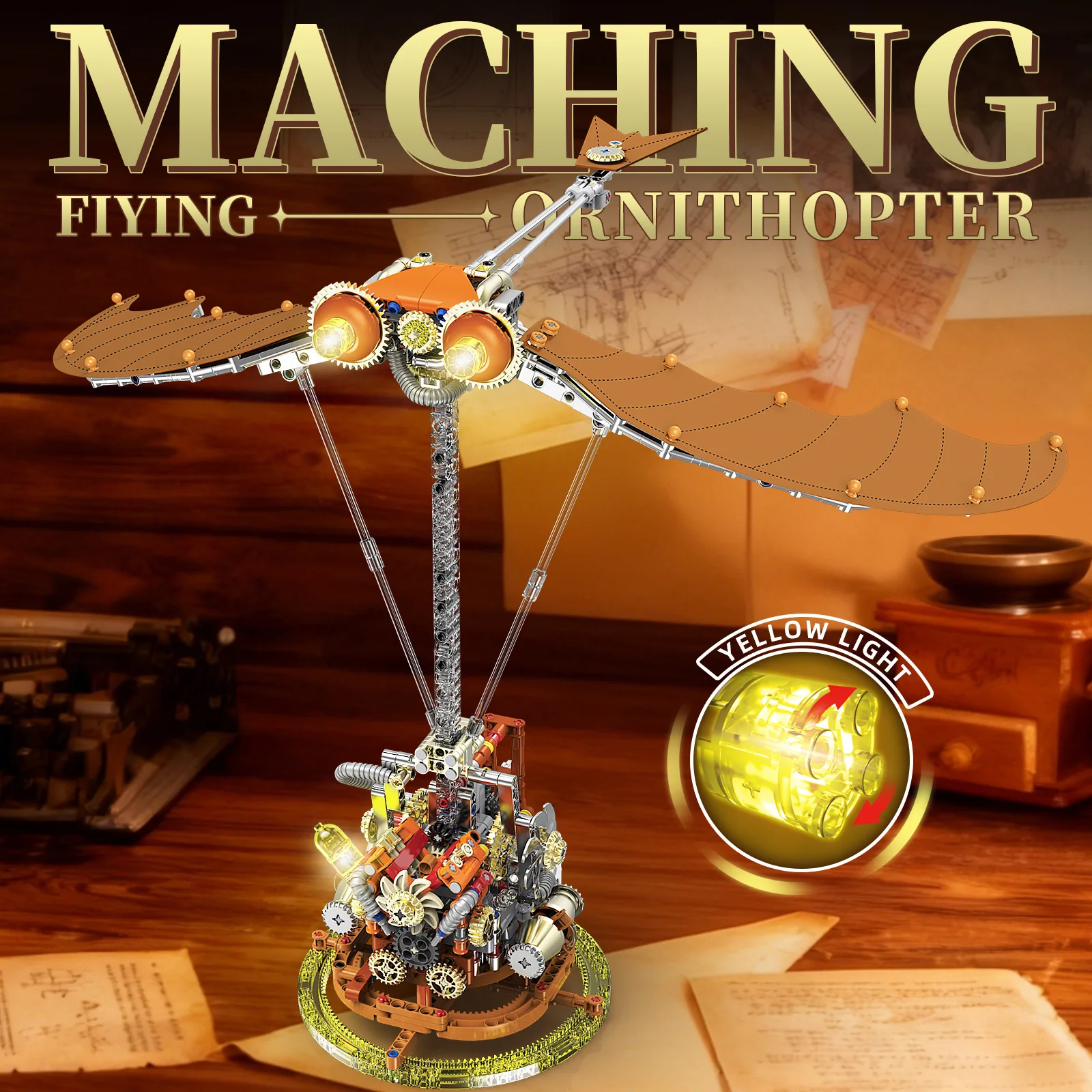 

760pcs Punk Style Mechanical Simulation Bionic Ornithopter Model with Wing Linkage & LED Lights