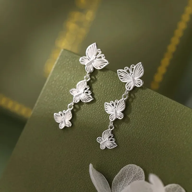 

S925 Sterling Silver Charming Butterfly Tassel Hollow Stud Earrings for Women Fine Jewelry High Luxury Vintage Accessories
