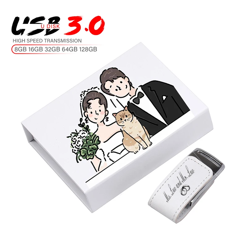 

JASTER Custom Logo USB 3.0 Flash Drive 128GB Leather Pen Drive 64GB Wedding Photography Box Memory Stick 32GB White U Disk 16GB