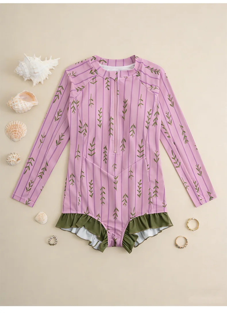 One-piece Swimwear Long Sleeve Ruffles Sun-proof Beach Bikini Girl's Swimsuits S87403e159bd04fb997ef8ef03abec63eG