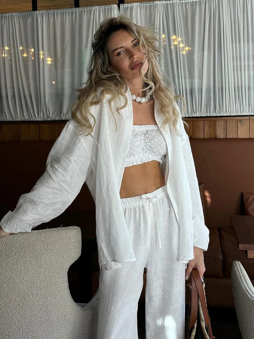 Marthaqiqi Winter Women Nightwear Suit Long Sleeve Nightgown Turn-Down Collar Sleepwear Wide Leg Pants Ladies Pajama 2 Piece Set