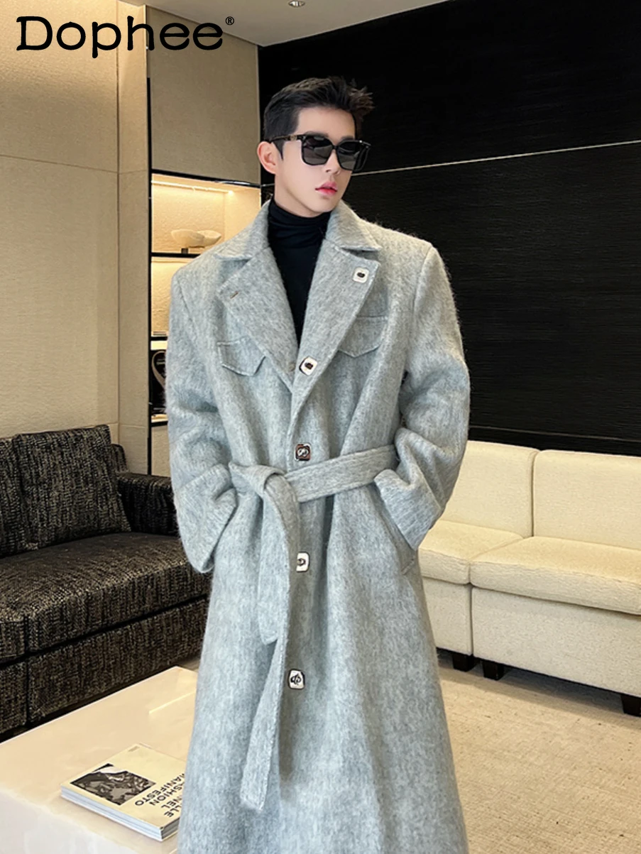 

Wool Woolen Coats Men's Long Type Over The Knee Metal Buckle Coats Autumn Winter High-End Korean Style Thick Woolen Coat