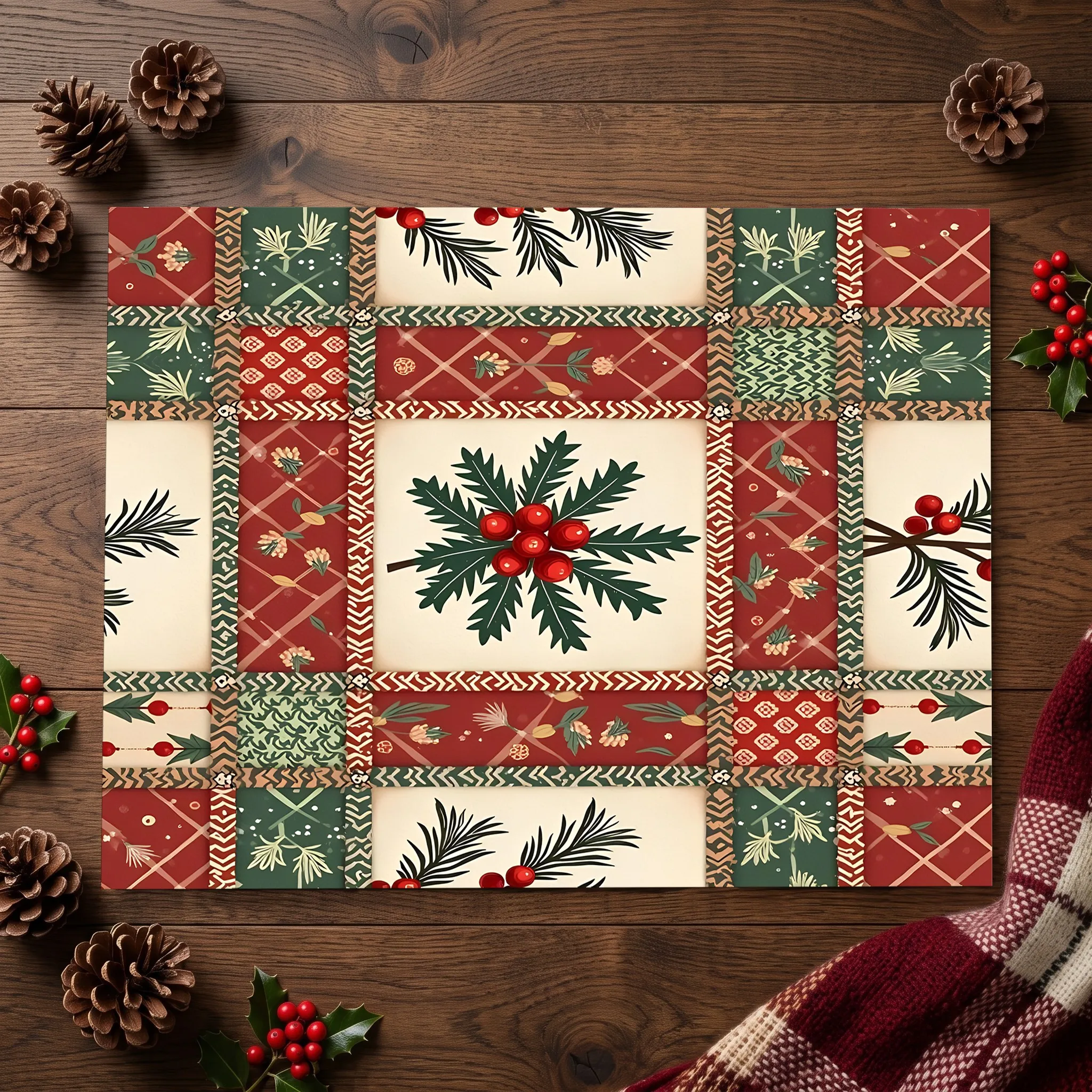 Retro Patchwork Pine Branch and Red Berry Christmas-Themed Velvet Rug, Suitable for Entryways, Living Rooms, and Bedrooms, Creating a Warm and Inviting Autumn/Winter Atmosphere