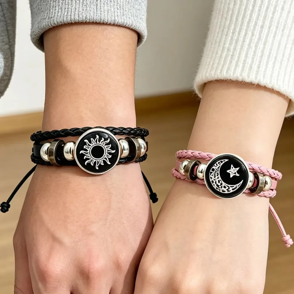 2pcs/set Sun and Moon Lovers Leather Bracelet Punk Multi-Layered Beaded Braided Adjustable Bracelet Set For Couple Jewelry
