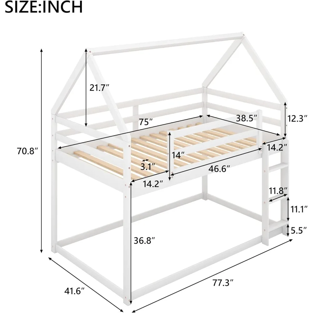 سرير خشبي بطابقين، مزدوج فوق سلم، إطار سرير بطابقين للفتيات والأولاد، مقاس أرضي للأطفال الصغار، أبيض #2
