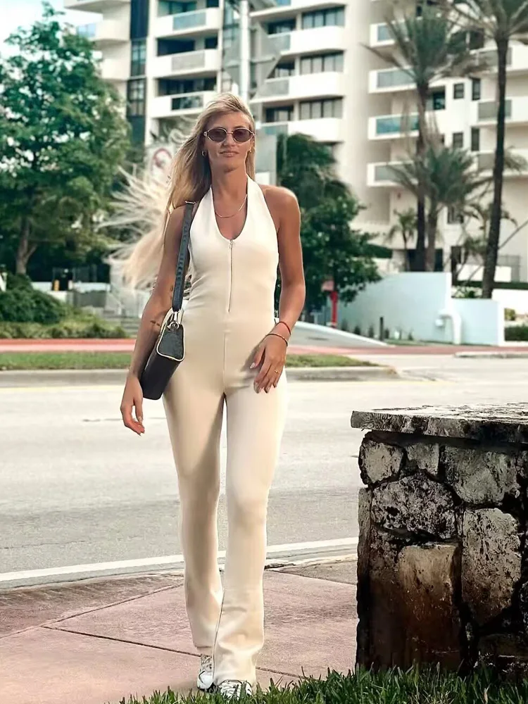 HXAO Jumpsuit ผู้หญิงแขนกุด Halter บอดี้สูทผู้หญิง Combi-กางเกงสีขาวสีดํา Jumpsuits ฤดูร้อนหญิง Backless Romper