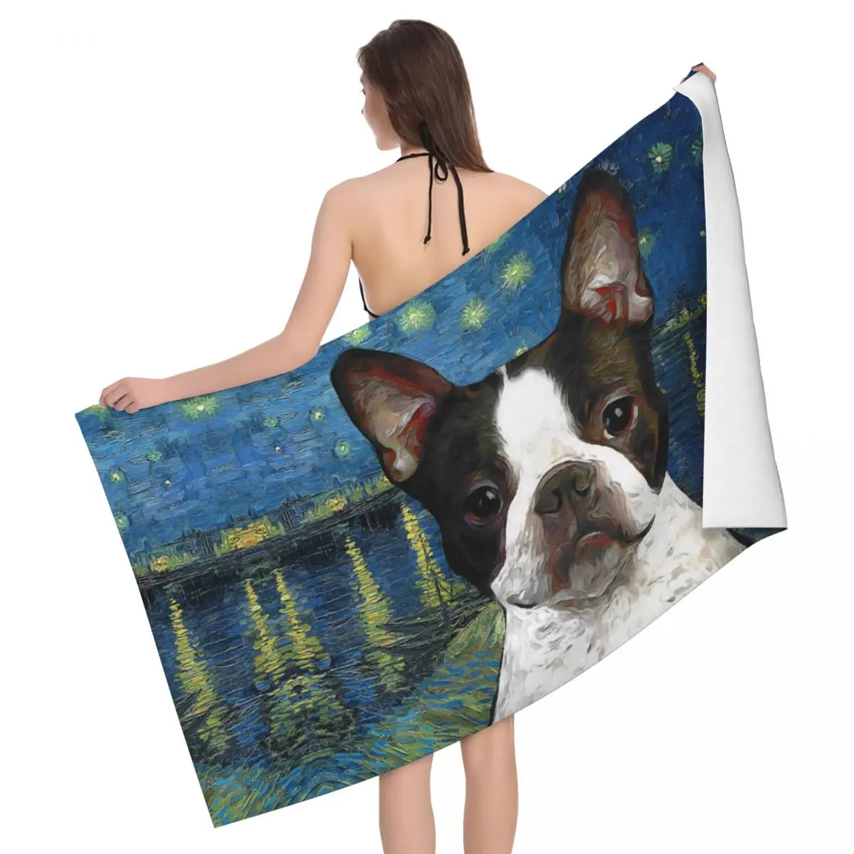 Custom Boston Terrier Portrait Cartoon Art Beach Towel Van Gogh Starry Night Over The Rhone Breathable Microfiber Pool Towels