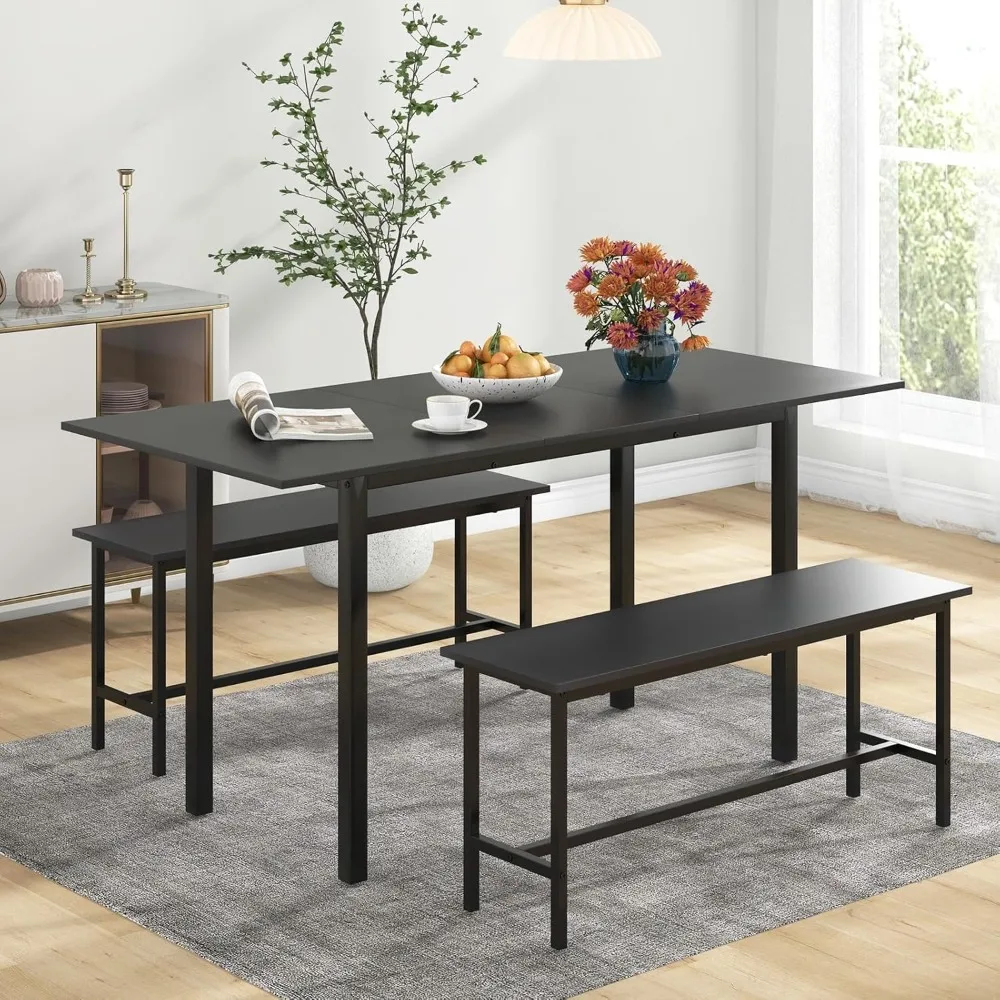 طقم طاولة طعام مكون من 3 قطع لطاولة مطبخ قابلة للتمديد مقاس 4-6، 63 بوصة مع مقعدين، حجرة طعام موفرة للمساحة مع إطار معدني #2