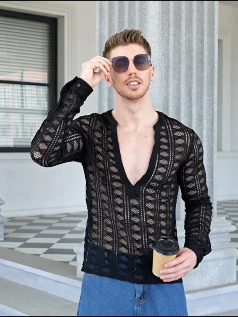 Men's Shirts Fishing Net Transparent Long Sleeved Notch Collar Hollowed Out Perspective Men's Shirt Hollowed Out
