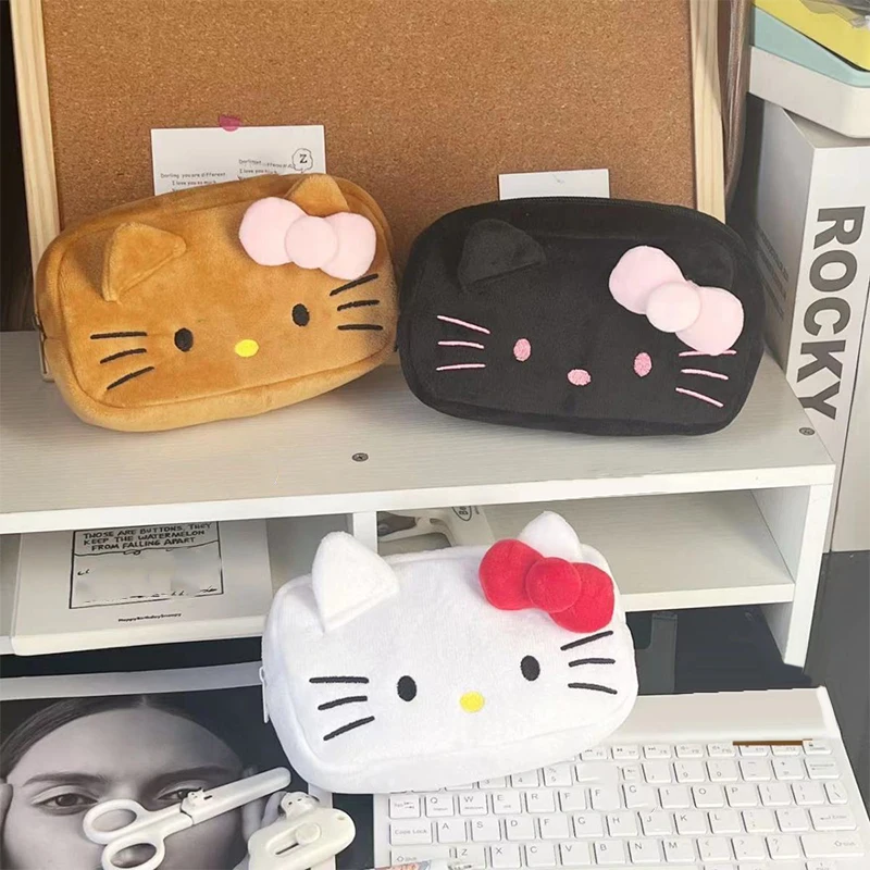 Cute Sanrio Hello Kitty Cat Plush Pencil Case Cinnamoroll Makeup Cosmetic Bag For Girls Organizer Stationery Travel Storage Bags