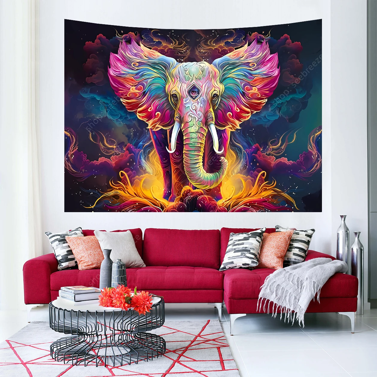 Trippy Elephant Tapestry Boho Watercolor Elephant Wall Tapestry Aesthetic Colorful Cloud Poster Spiritual Meditation Tapestries