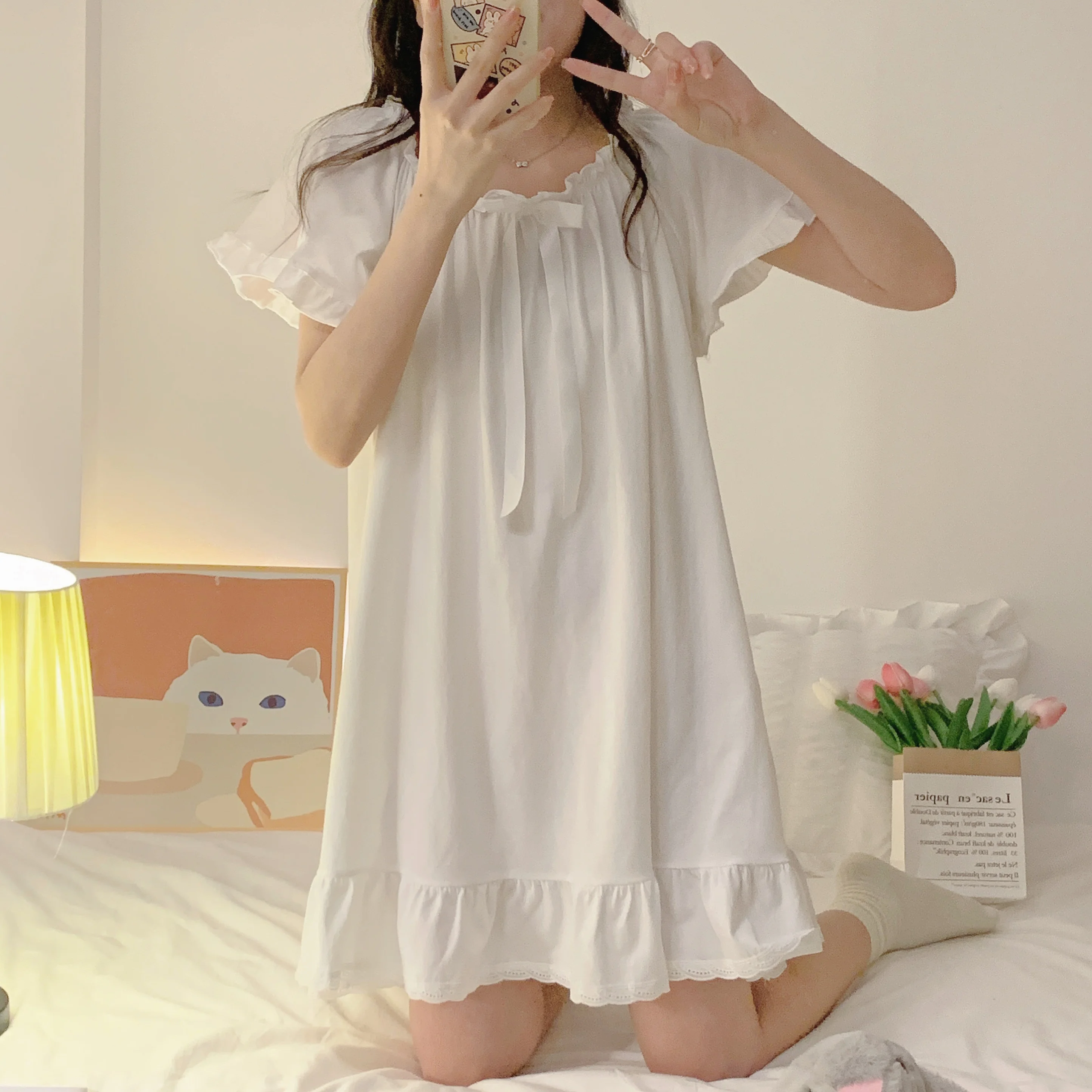 Cute Short Sleeve Pure Color Sexy Home Clothes Princess Style Sleep Dress for Young Women Summer Collection Fuzhishansheng