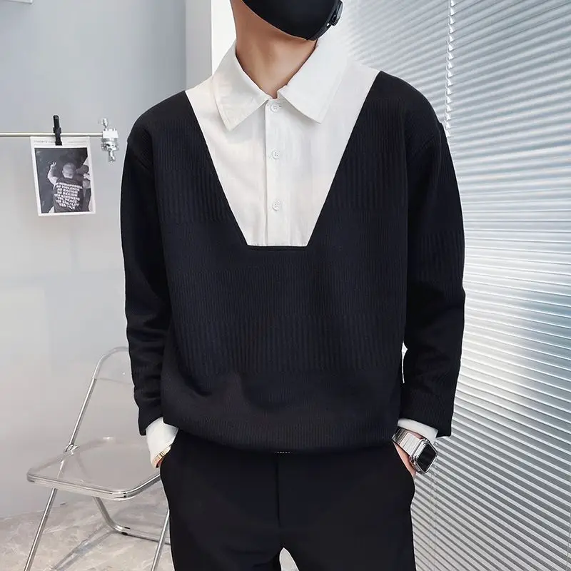 Contrasting Colors Spliced Knitted Pullovers Men's Clothing Turn-down Collar Autumn Winter Fashion Button Casual Loose Sweaters