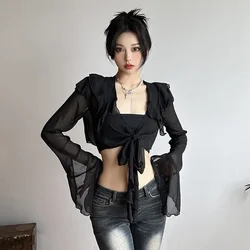 Sexy Elegant Black Chiffon Blouses Women Gothic Ruffle Tops Crop Mesh Transparent Flare Sleeve Shirts Y2k See Through