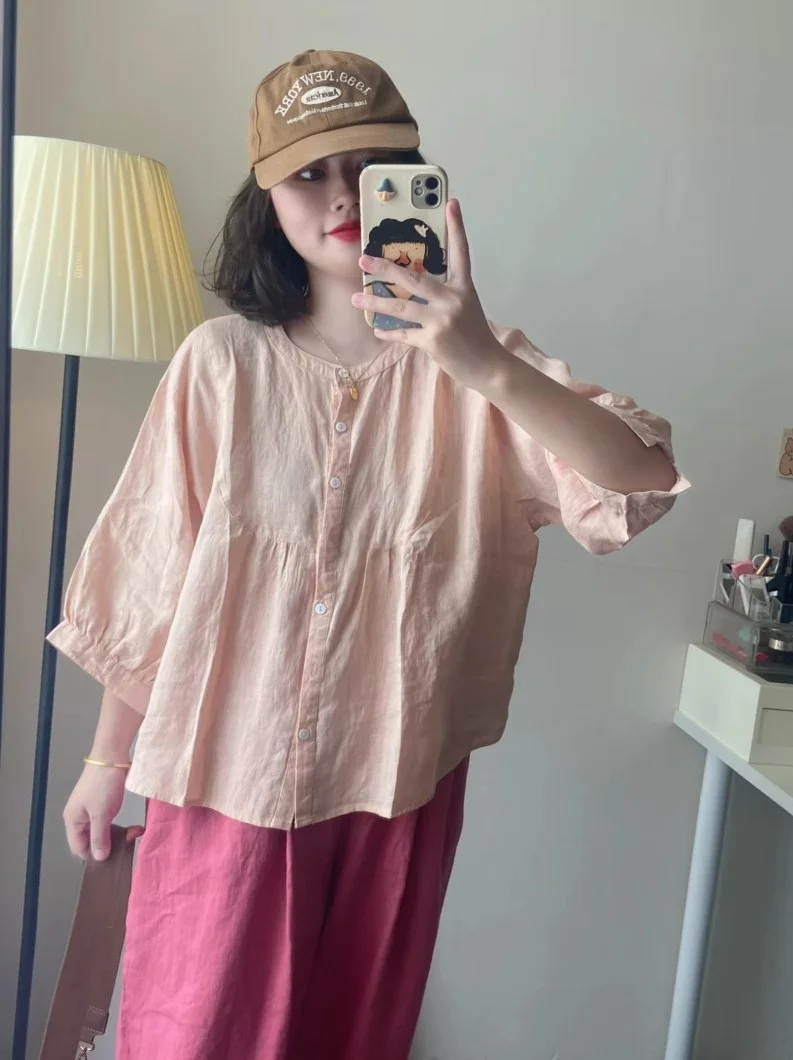 

Sun Protection Linen Doll Shirt Loose Fit Short Sleeve Women's Summer Fashion Casual Style round Neck Light Pink Color
