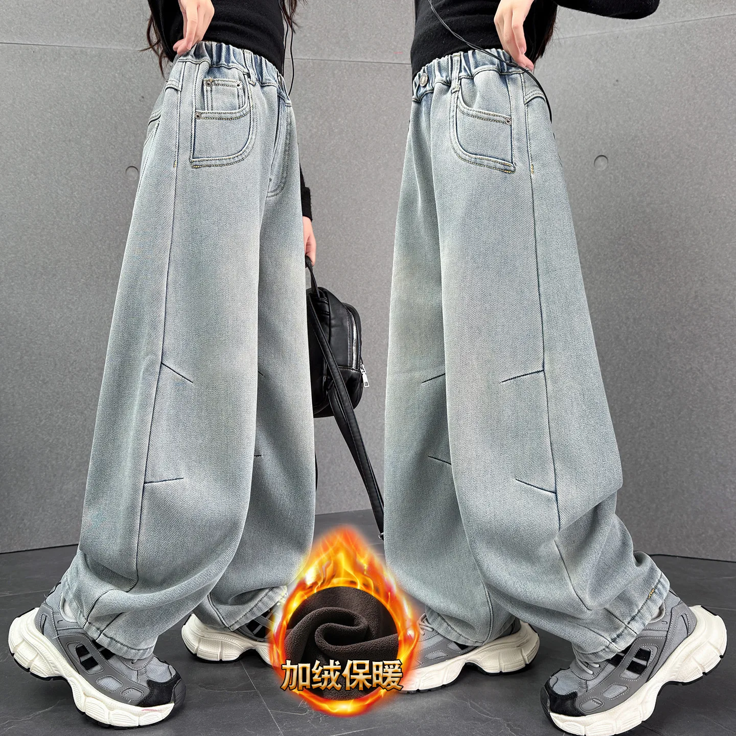 Celana Jeans Fleece Anak Perempuan Musim Gugur Musim Dingin Kasual Retro Banana Denim Celana Panjang Fashion Anak Pinggang Elastis Berinsulasi Melengkung Usia 4-14 tahun