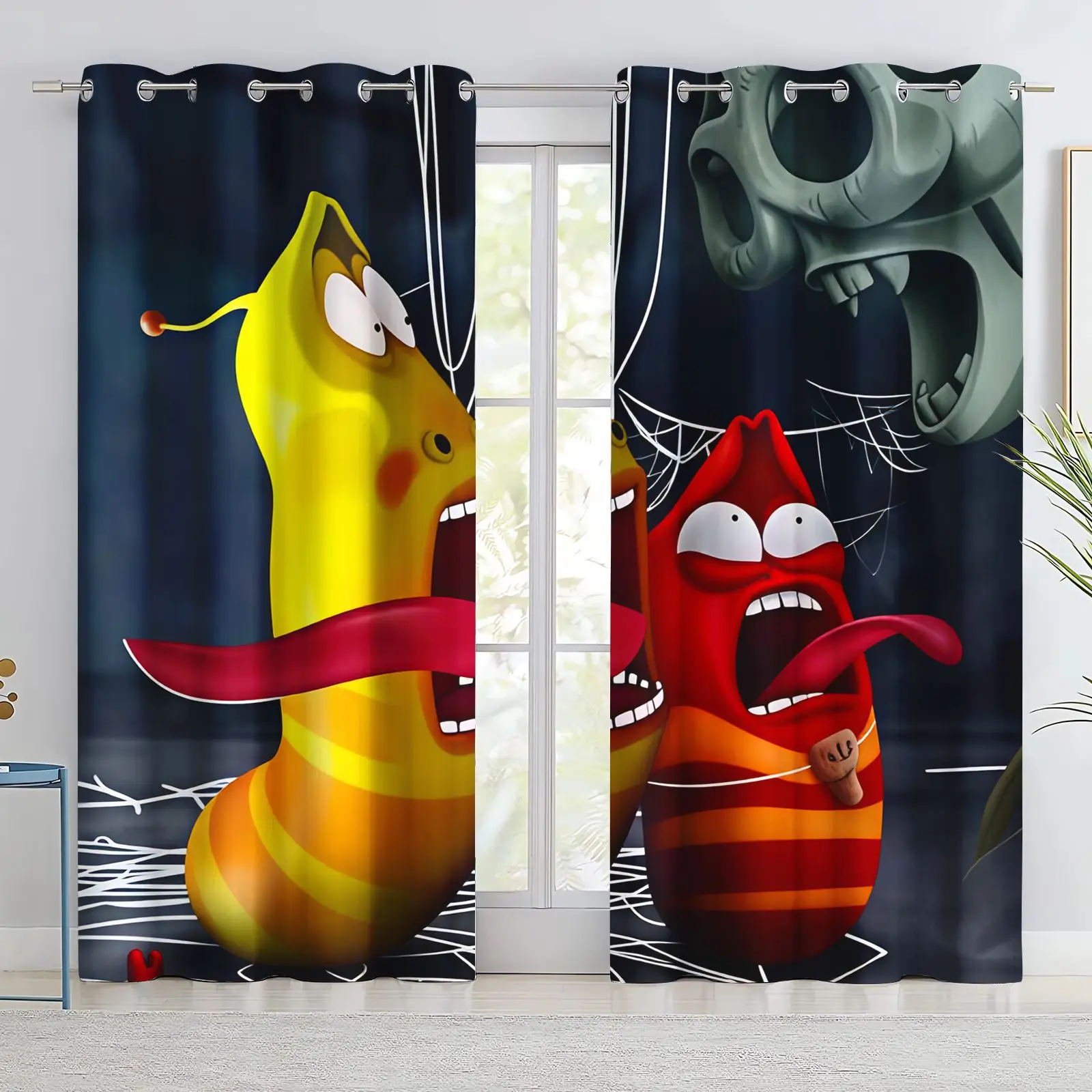 Anime Larva Red Yellow Bug Print Curtain Full Blackout Noise Reducing Window Drape For Children Living Room Home Decor