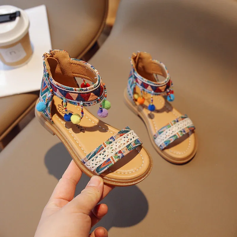 Ethnic Style Simple Children Roman Shoes 2024 New Soft Breatheable Flats Open-toe Kids Shoes Non-slip Girls Sandals Size23-35