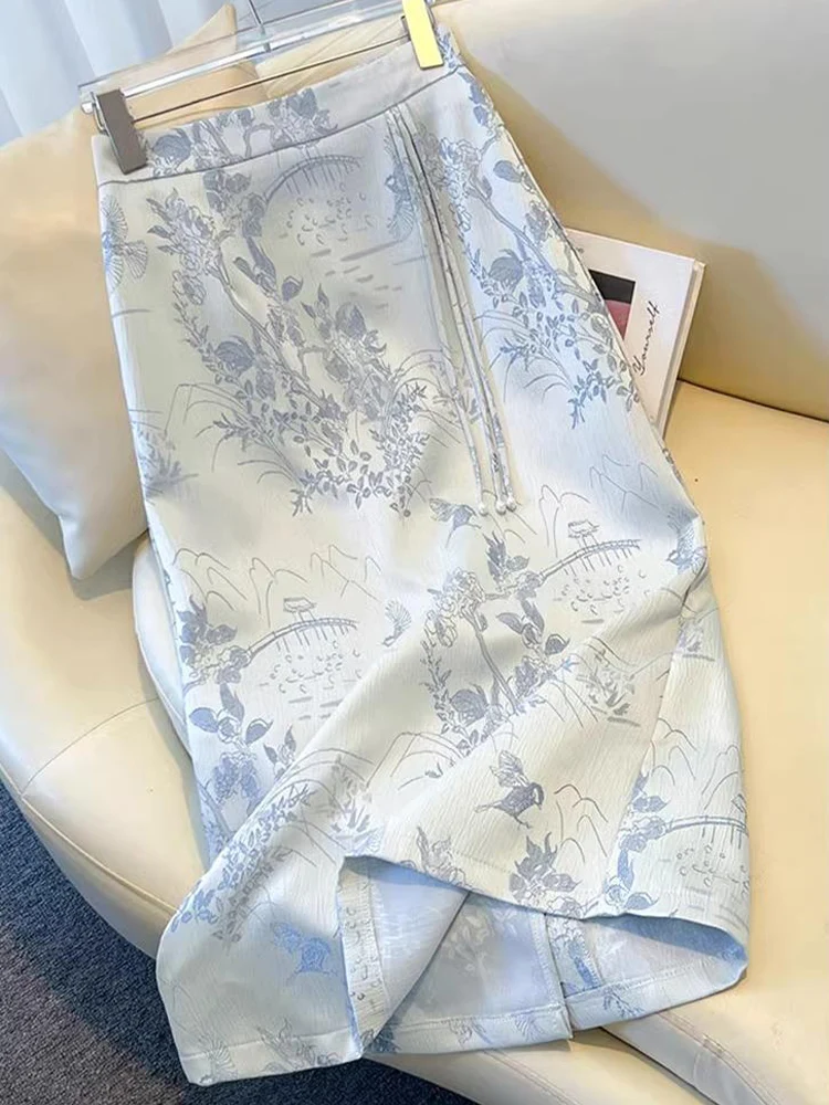 

Новая китайская женская юбка А-силуэта с высокой талией, облегающая, летняя 2025, вышитая, из атласа, средней длины, из смесового хлопка