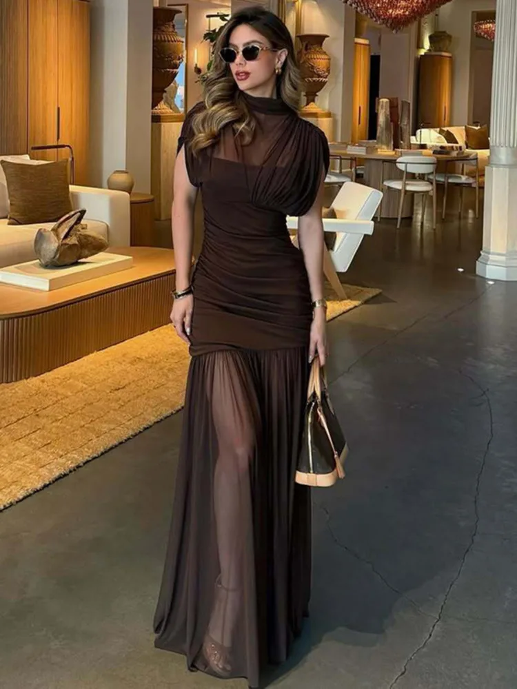 XIAOTANG Mesh Sleeveless Sexy Maxi Dress Women Gown Elegant Half High Collar High Waist Bodycon Ruched Club Party Long Dresses