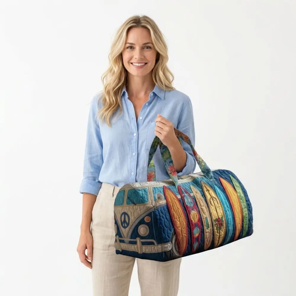 

Trendy 3D Quilted Duffle Bag Bus Design Multifunctional Travel Handbag Retro Boho Sturdy Gym Tote Bag Daily Outings