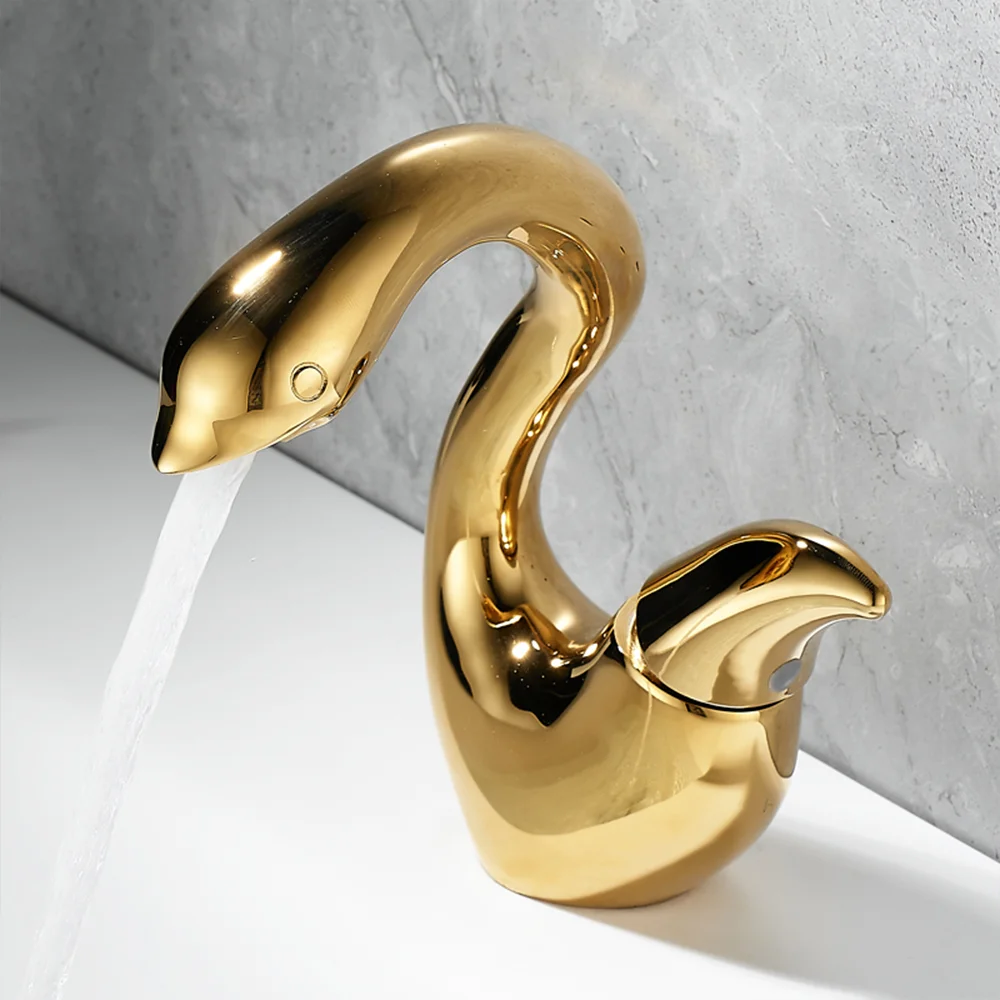 New Creative Brass Basin Faucet Gold Hot Cold Mixer Sink Tap Deck Mounted Single Handle Wash Tap Bathroom Renovation Accessories