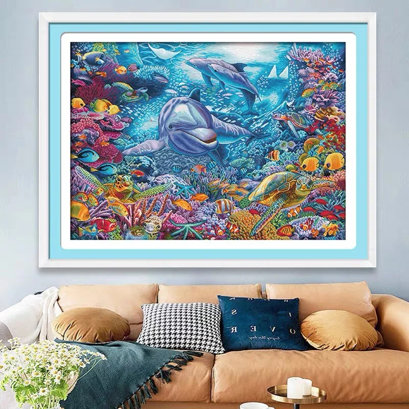 Stunning Ocean World Cross-Stitch 2024: Modern Living Room Decor with Handmade Embroidery of Marine Animals