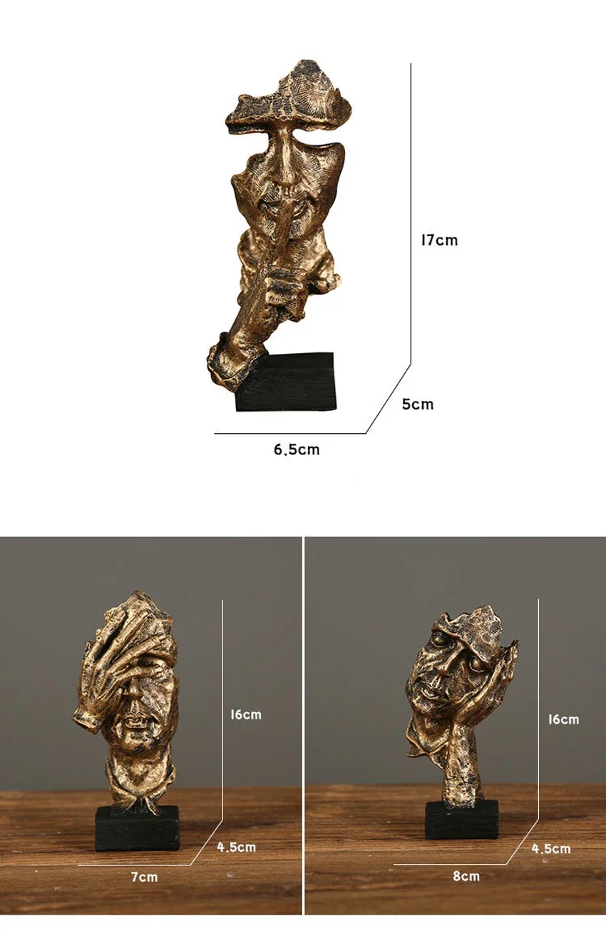17 cm Wohnkultur Abstrakte Stille Ist Gold Figur Harz Hand Gesicht Stille Männer Statue Skulptur Hause Büro Wohnzimmer Dekoration – Detail 1