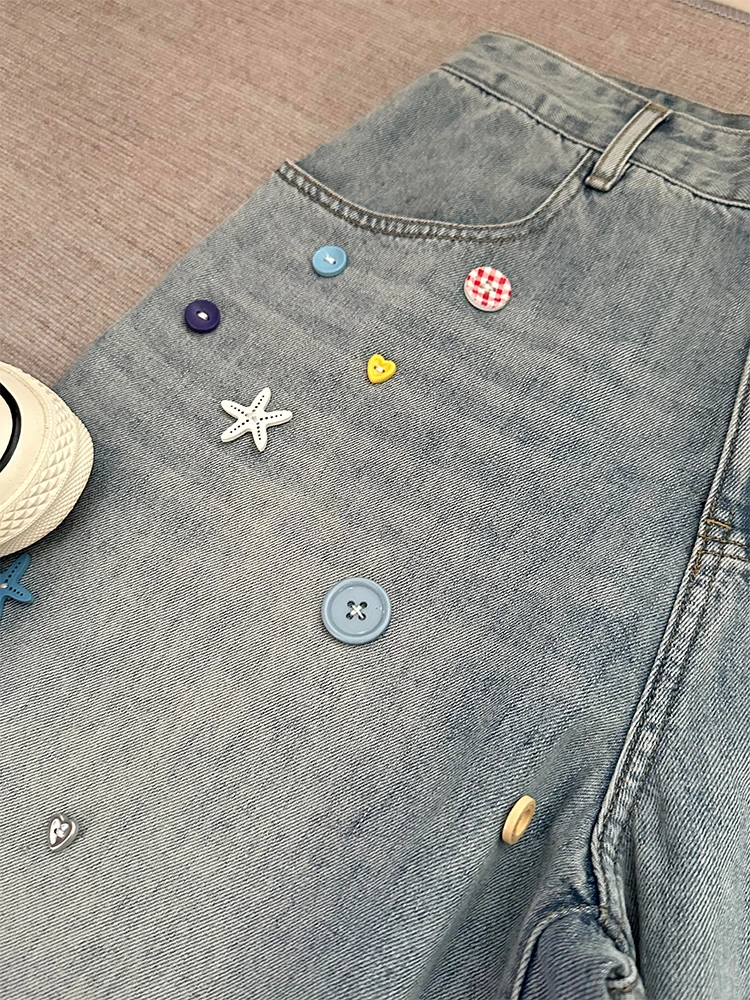 

Женские джинсы из потертого денима в стиле ретро, корейские укороченные брюки с яркими пуговицами, новые летние универсальные широкие брюки с высокой талией