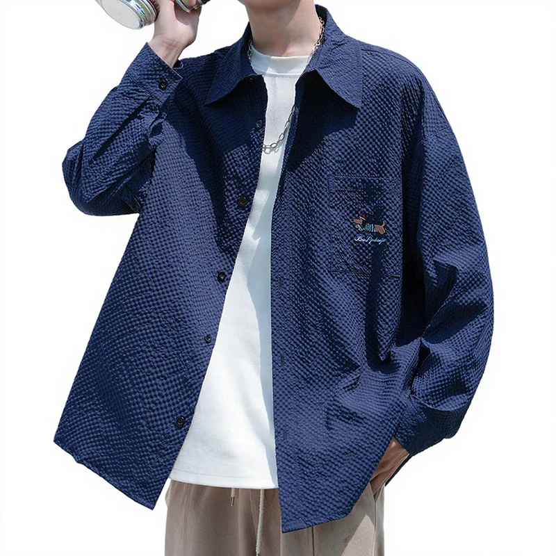 

Осенняя свободная повседневная рубашка с длинным рукавом, мужская уличная быстросохнущая рубашка, классическая однотонная верхняя одежда, тонкая мужская одежда