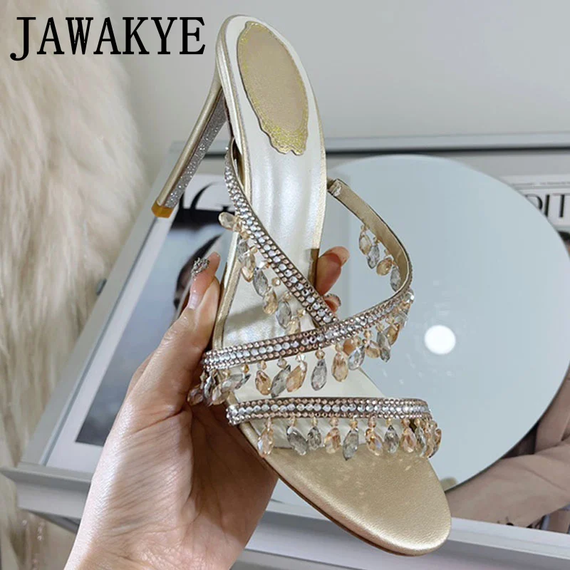 2022 Luxury Brand Crystal Slippers High Heels Narrow Band Slingback Shiny Bling Banquet Shoes Summer Beaded Open Toe Mules