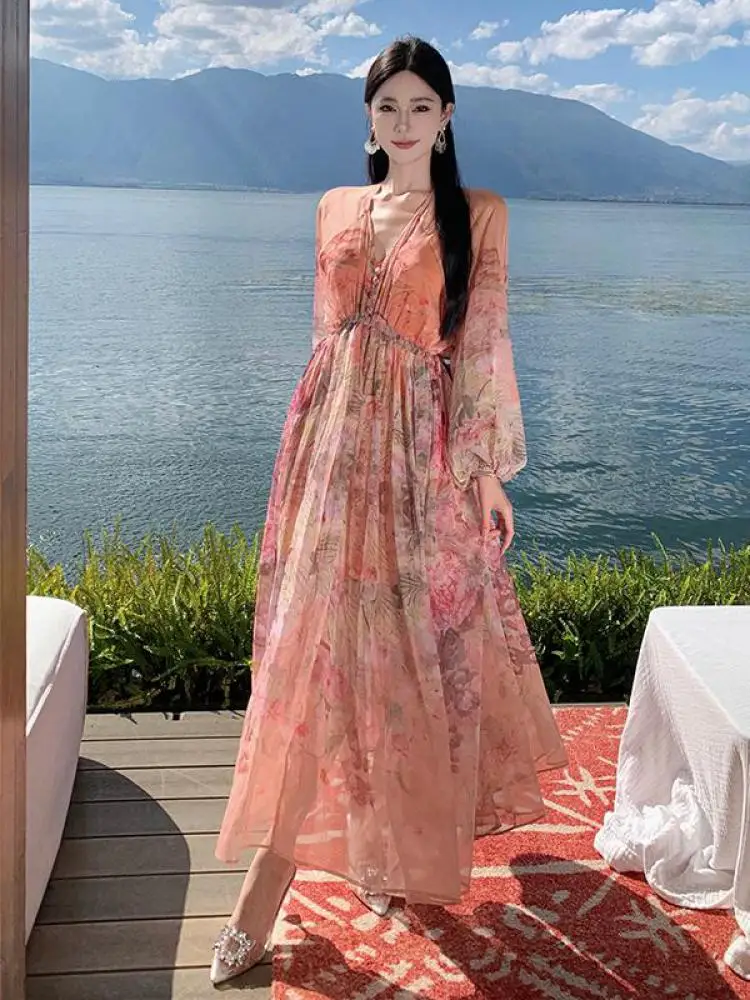 2024 Sping Autumn Bohemian Women Pink Floral V-neck Lantern Long Sleeve Waist Dress Romantic Retro High Quality