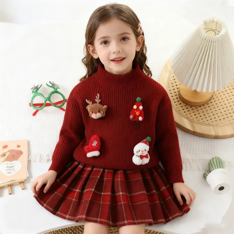 

Рождественские комплекты свитера и юбки для девочек, осенне-зимние модные красные вязаные костюмы для детей, теплые детские костюмы, комплекты детской одежды