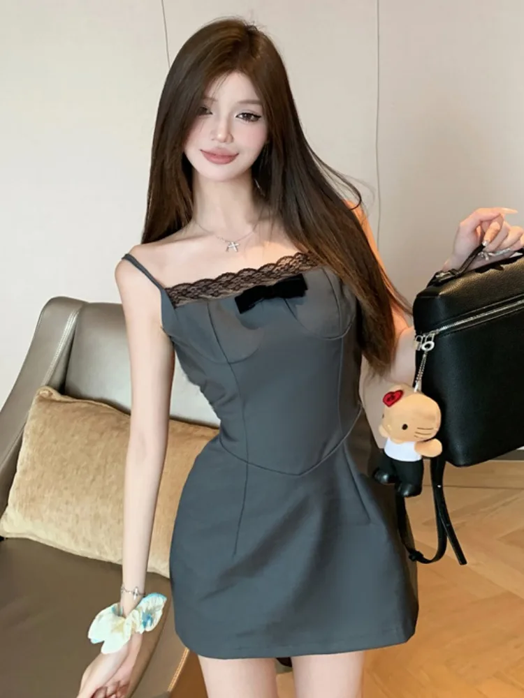 

Pure Desire Lace Splice Sexy Backless Dress Women's Summer New Slimming Design Strap Short Skirt Casual High Waist A-Line Skirt