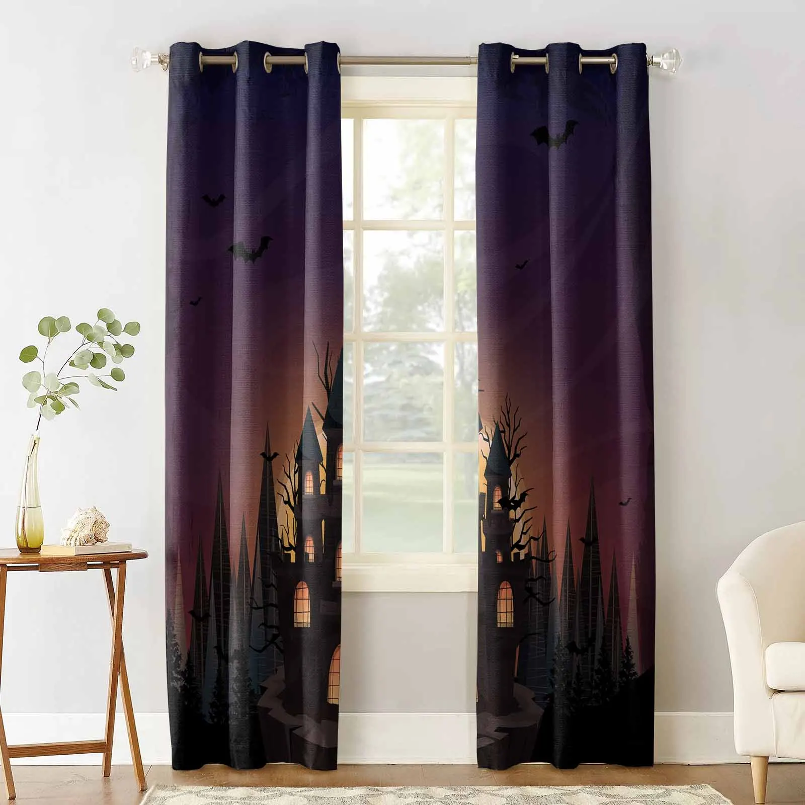 Halloween Castle Pumpkin Retro Bat Grove Blackout Curtains For Living Room Bedroom Window Treatment Blinds Drapes